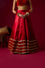 Ruby Red Russian Silk Satin Lehenga with Velvet Blouse Set