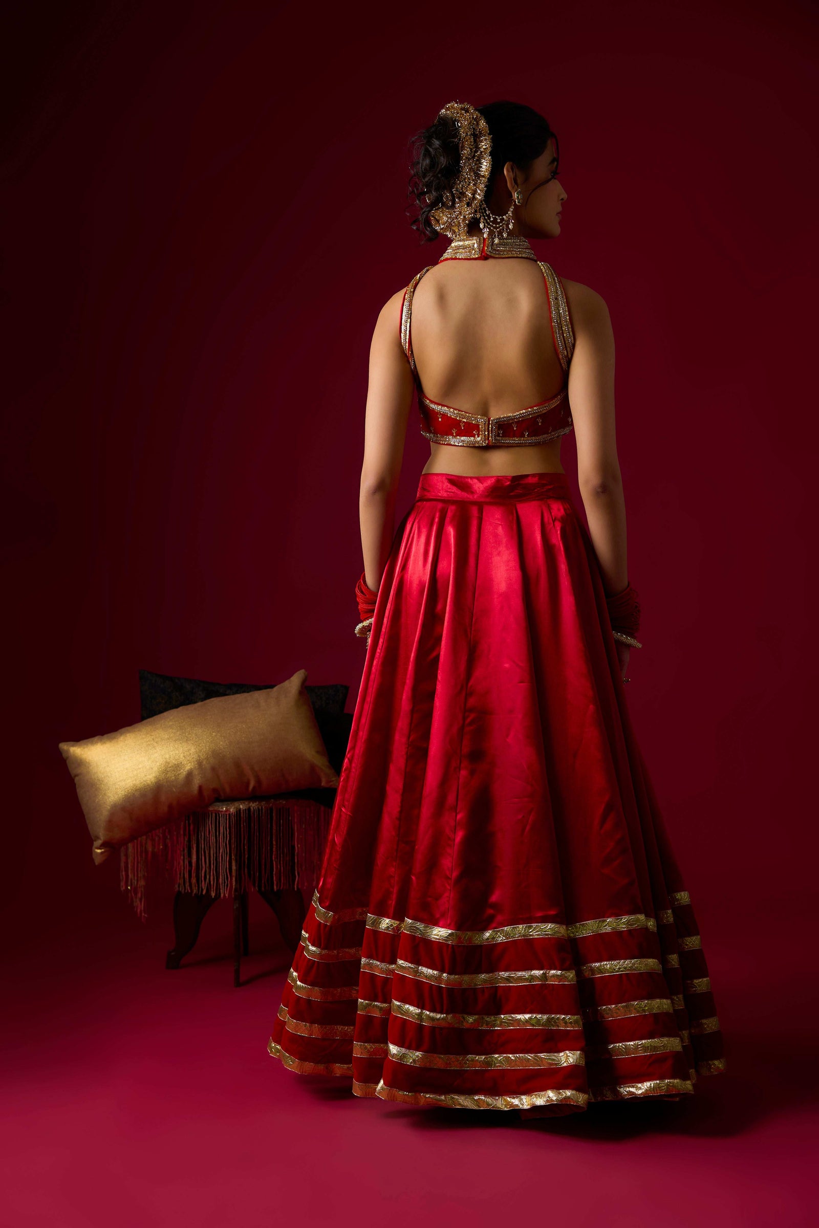 Ruby Red Russian Silk Satin Lehenga with Velvet Blouse Set