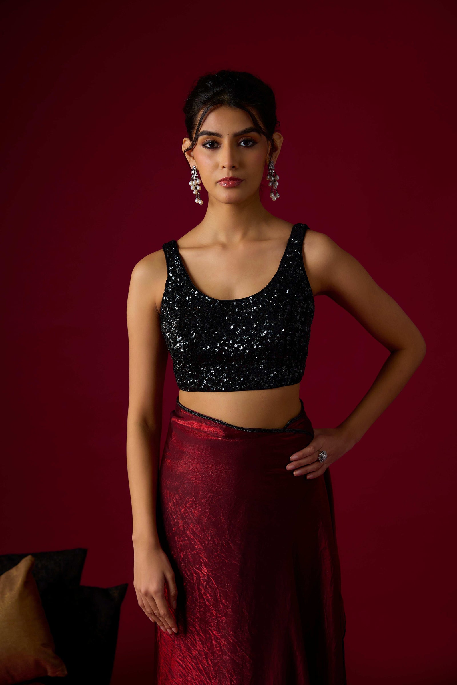 Burgundy Tissue Saree Set