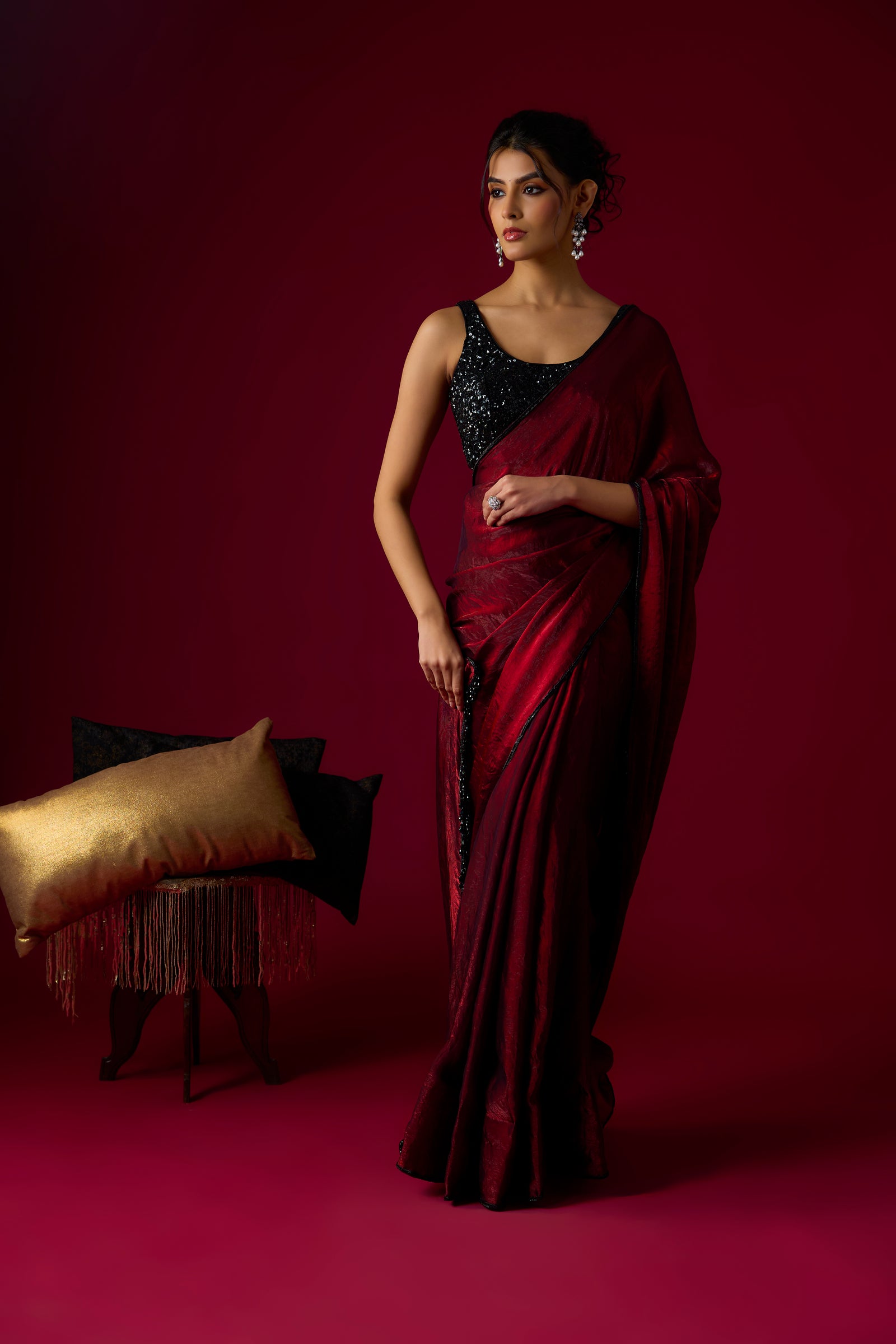 Burgundy Tissue Saree Set