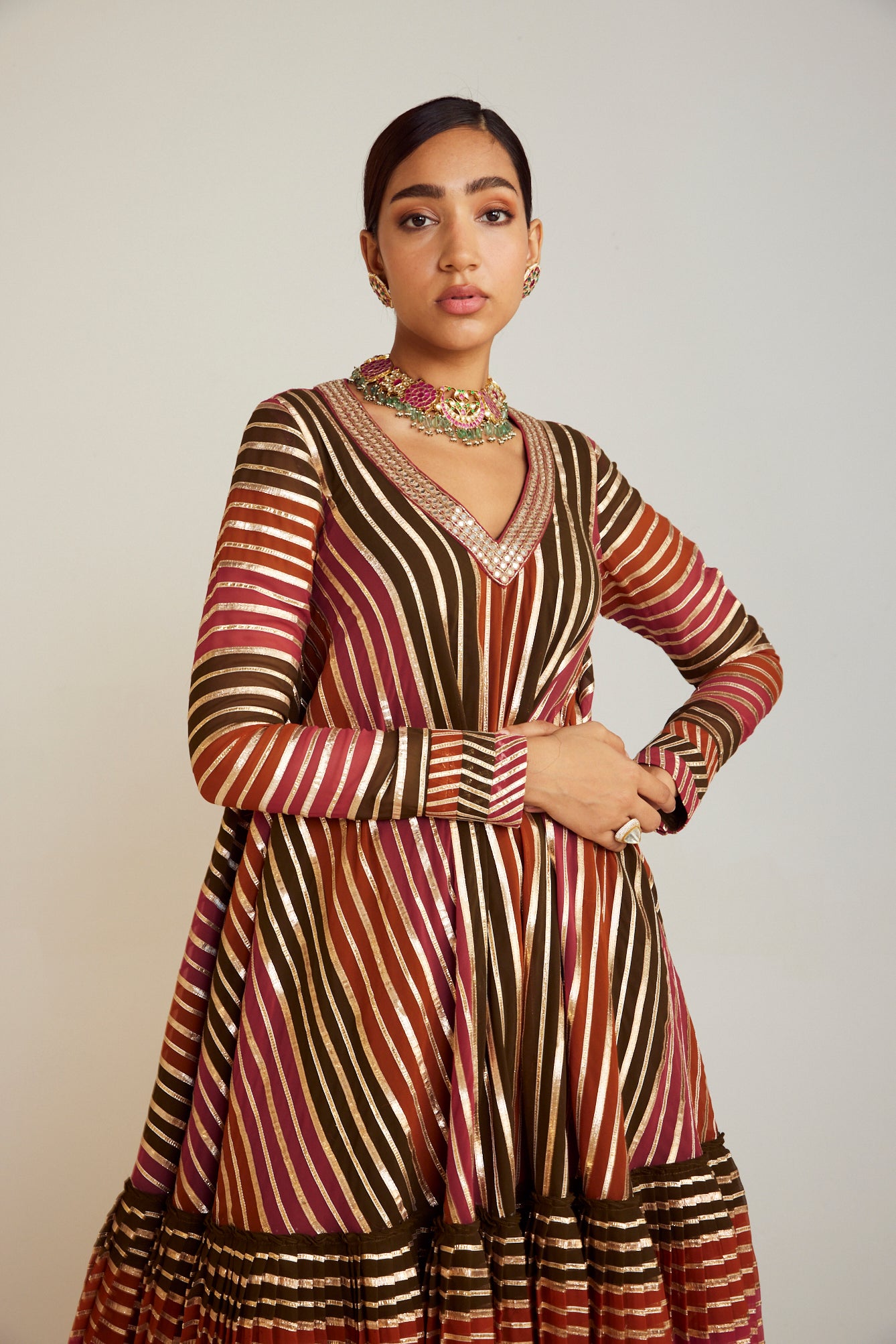 Olive Green V Neck A Line Dhoti Kurta Set