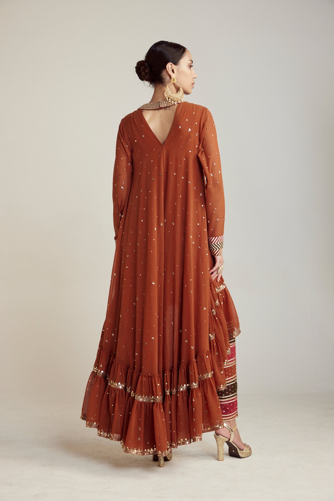 Rust Round Neck Asymmetrical Kurta Pant Set