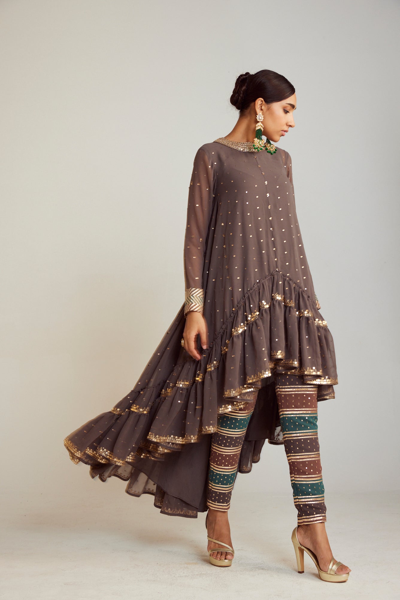 Charcoal Grey Asymmetrical Kurta Pant Set