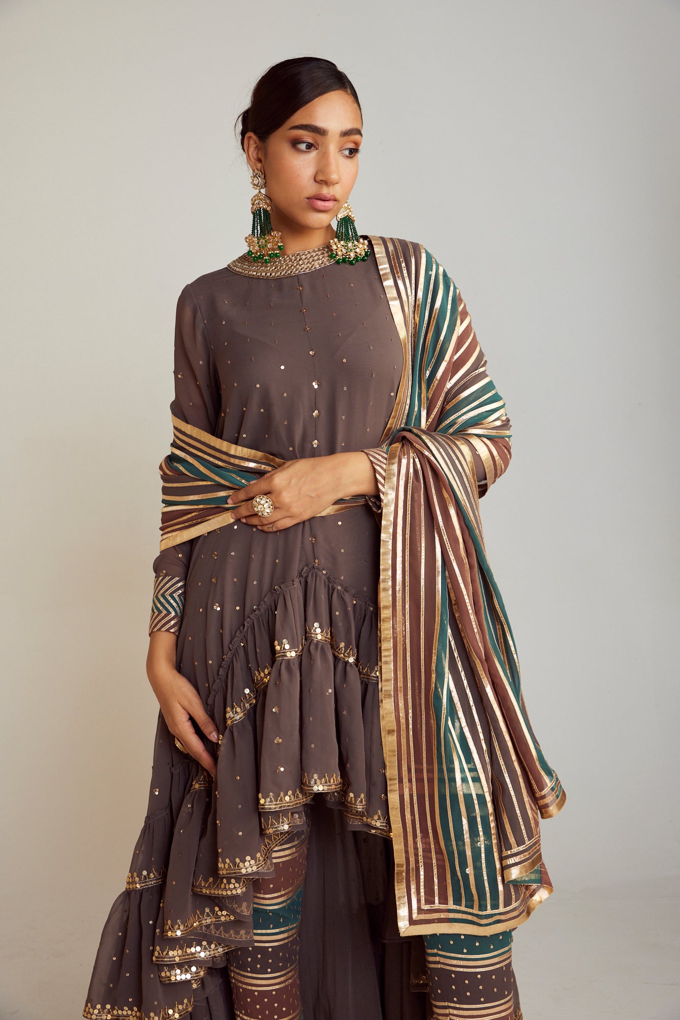 Charcoal Grey Round Neck Asymmetrical Kurta Pant Set