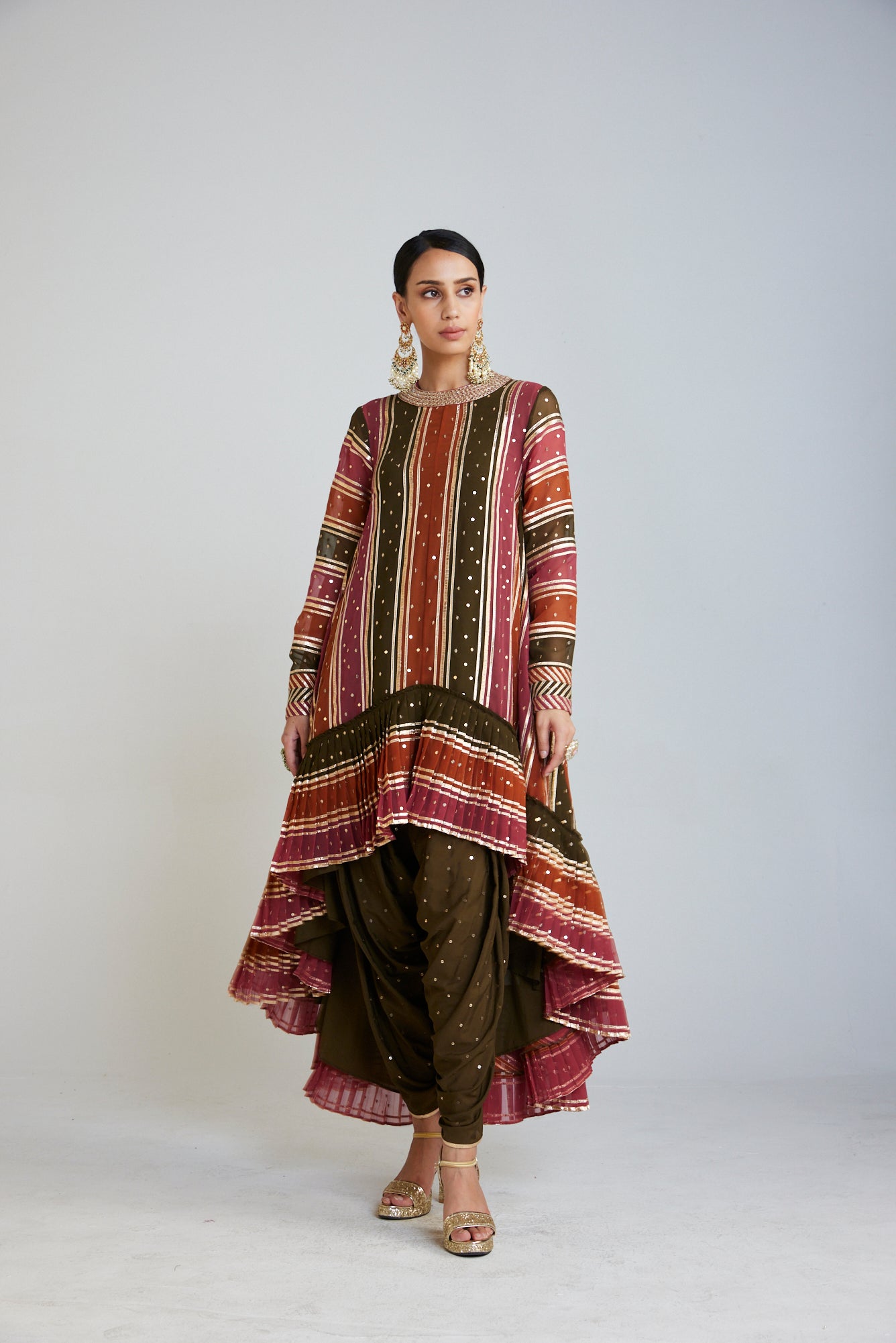 Olive Green Round Neck Asymmetrical Kurta Set