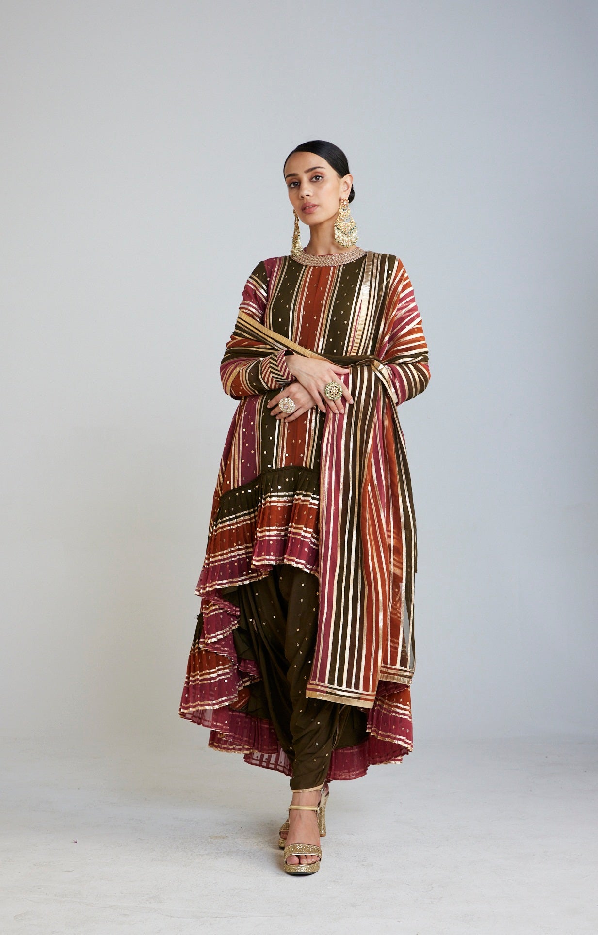 Olive Green Round Neck Asymmetrical Kurta Set