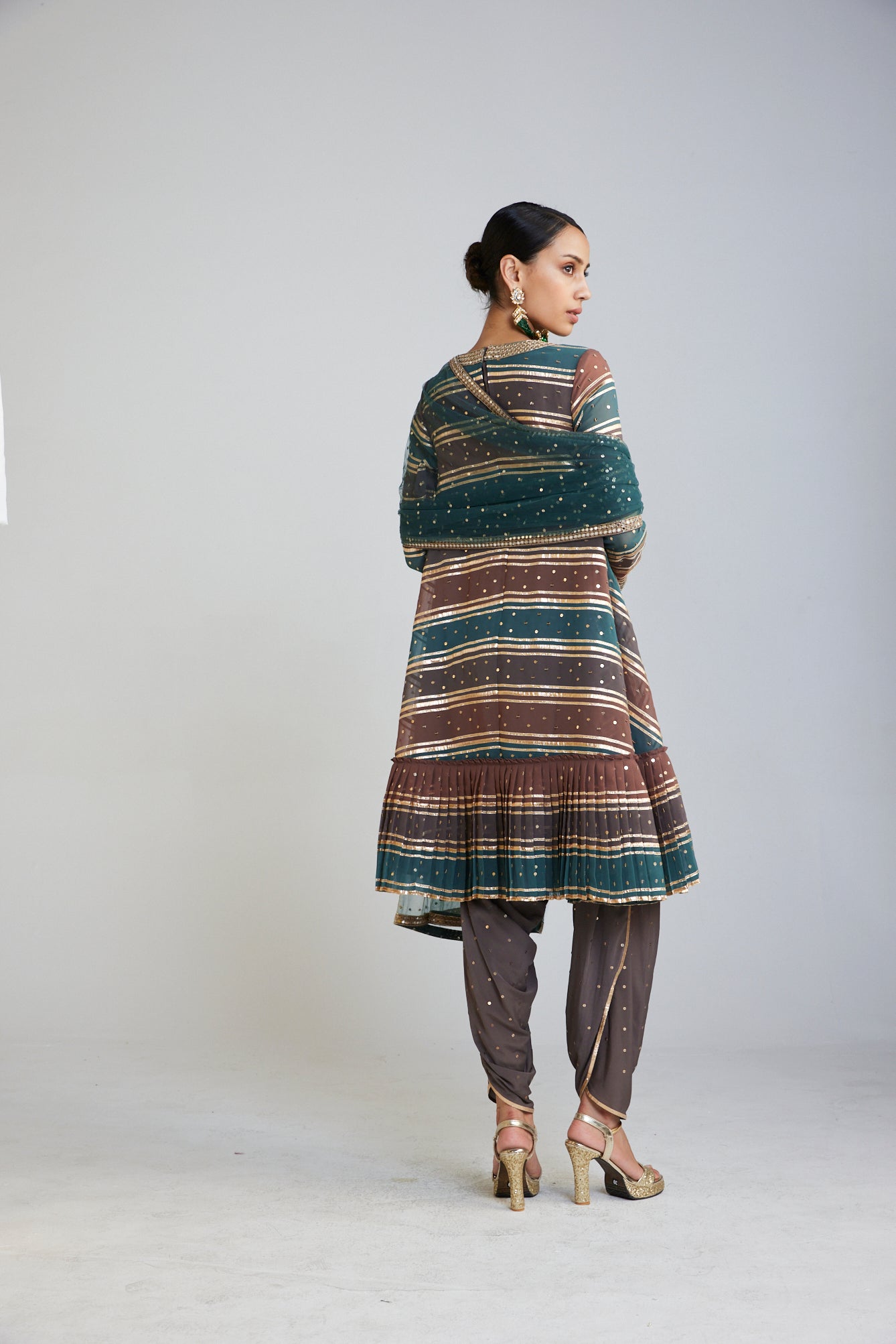 Mud Green V Neck A Line Dhoti Kurta Set