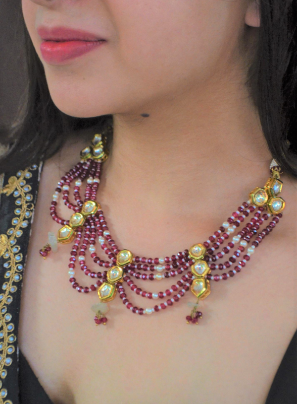 Red jades and polki
 choker set with studs