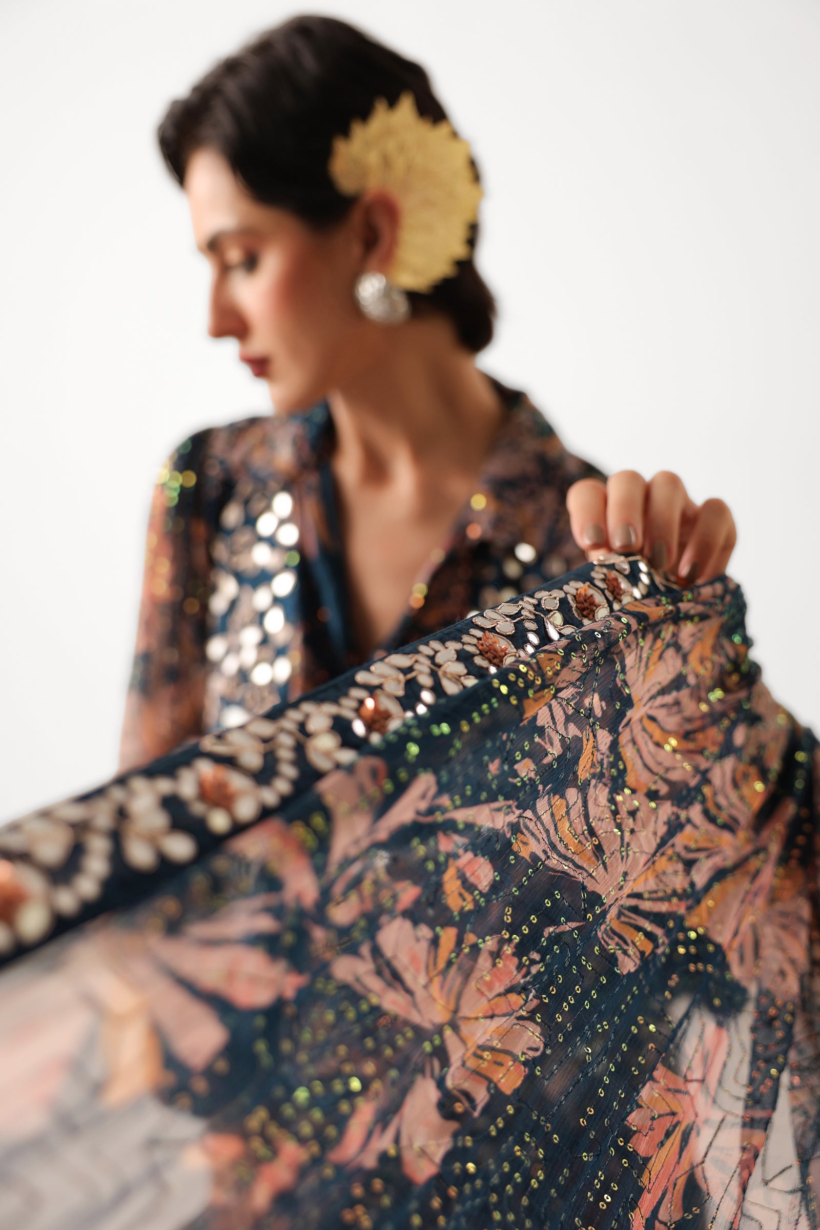 The prussian blue Sheesha Koti Saree