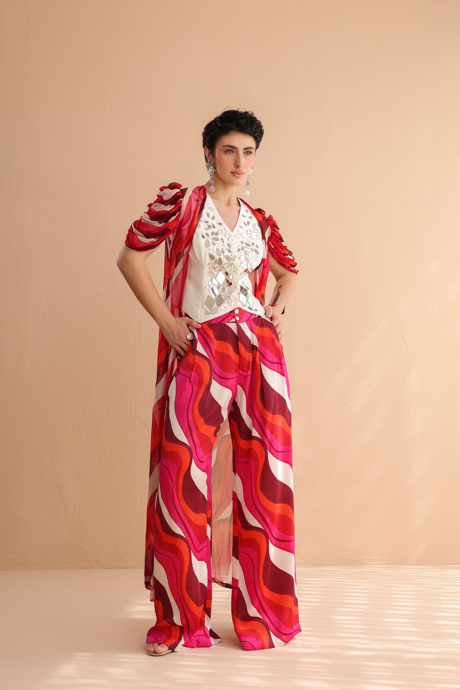 The Swagger Sheesha koti jacket-pant  set in ivory & fushcia lehar