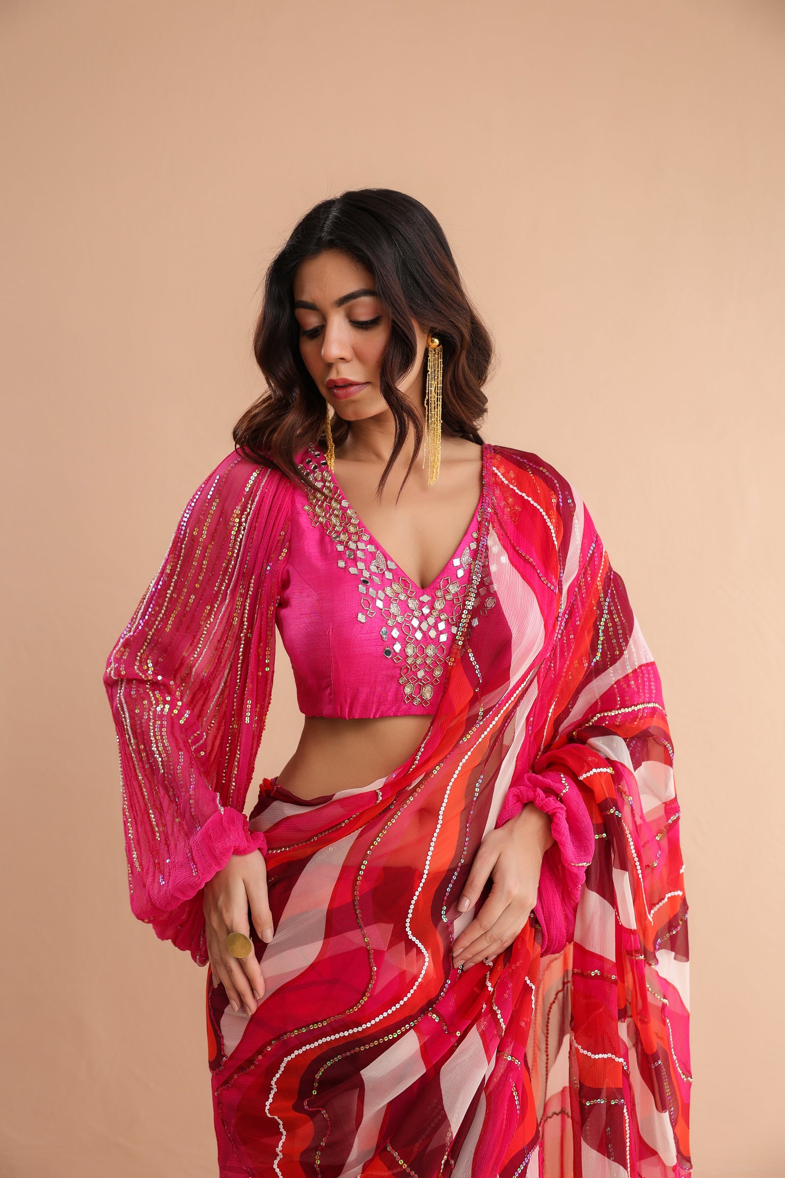 The  cosmo politian saree with bohemium blouse.