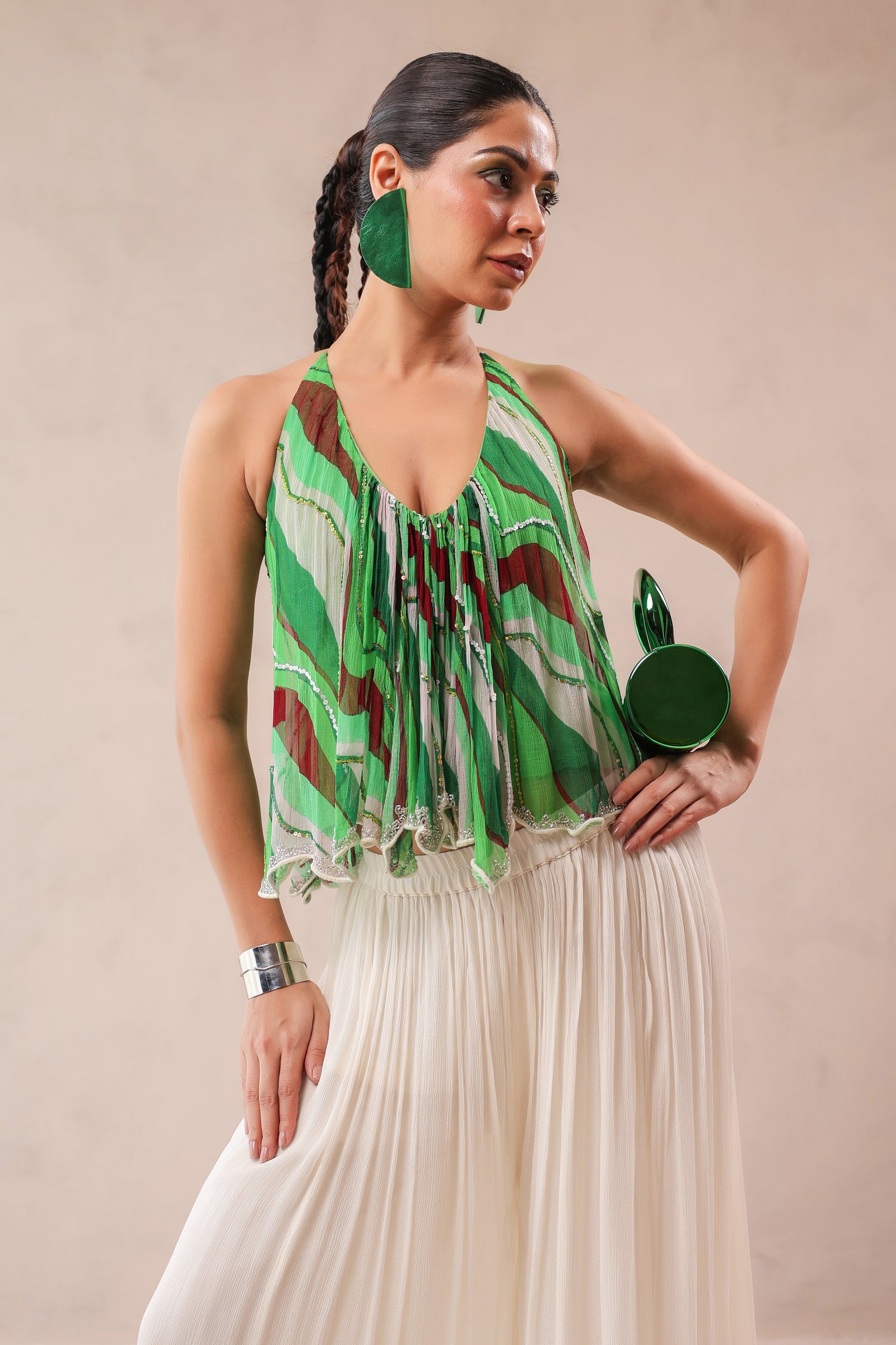 Vegas green halter boho top with Ivory cutwork Palazzo set