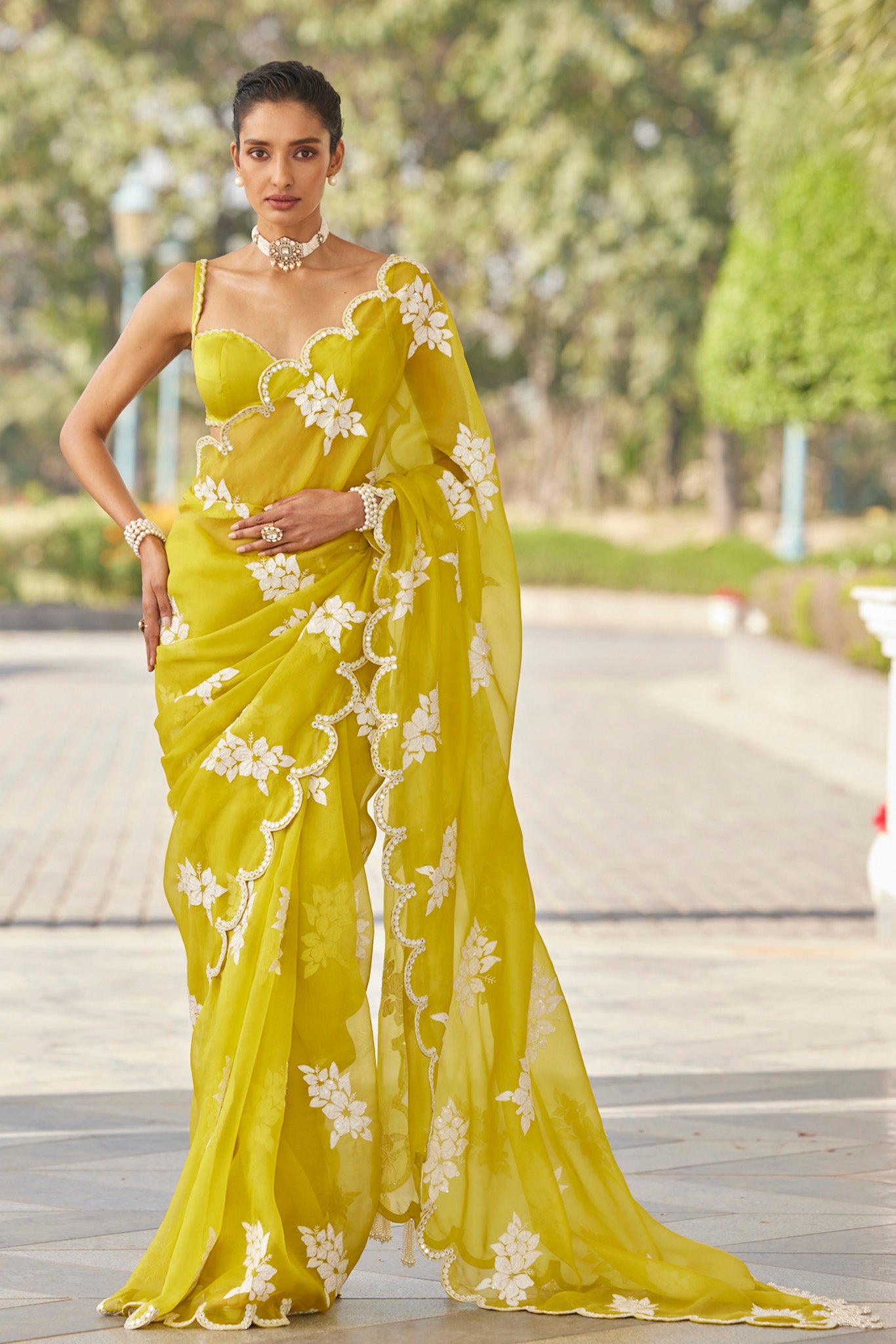 Moss Green Flower Saree Set