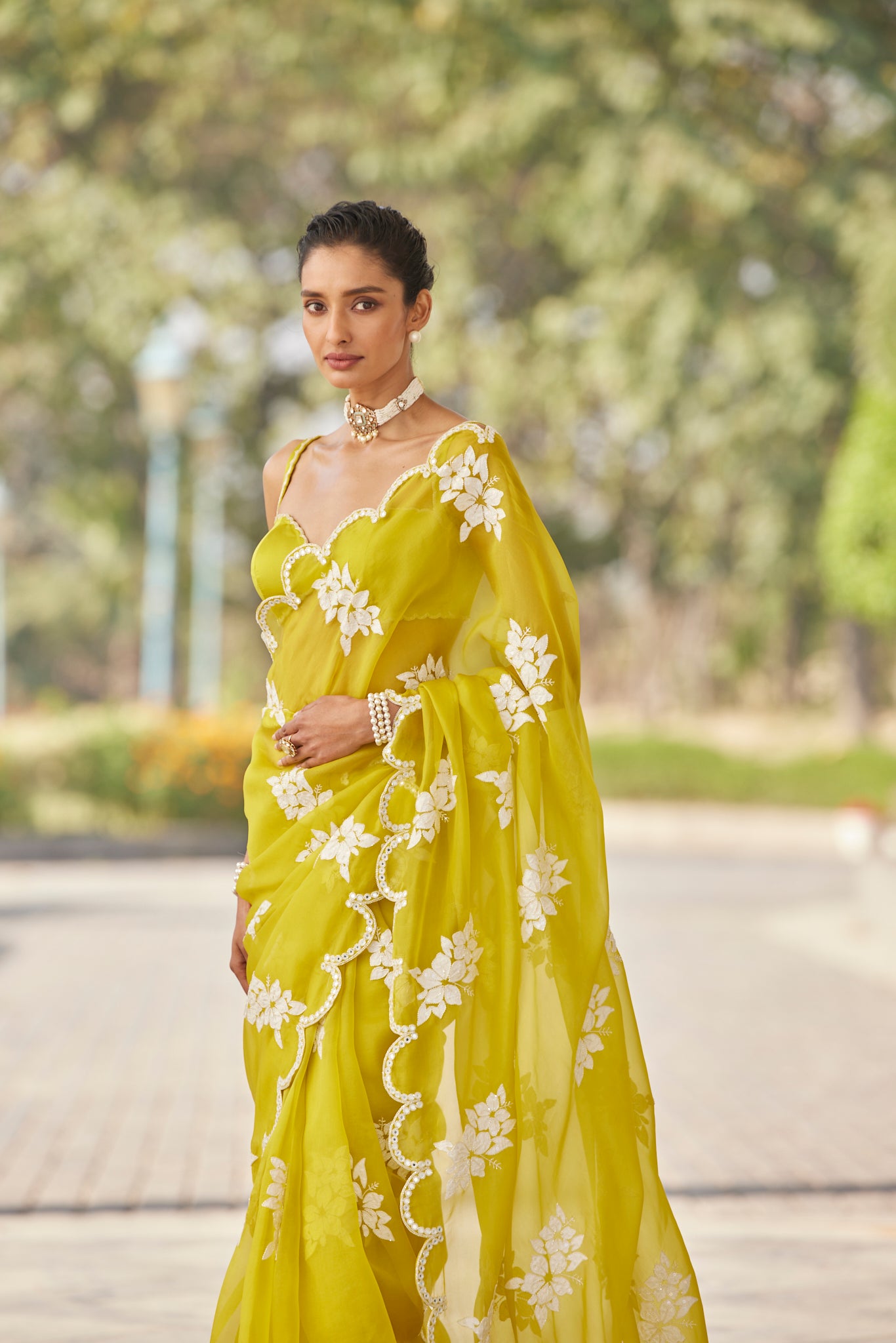 Moss Green Flower Saree Set