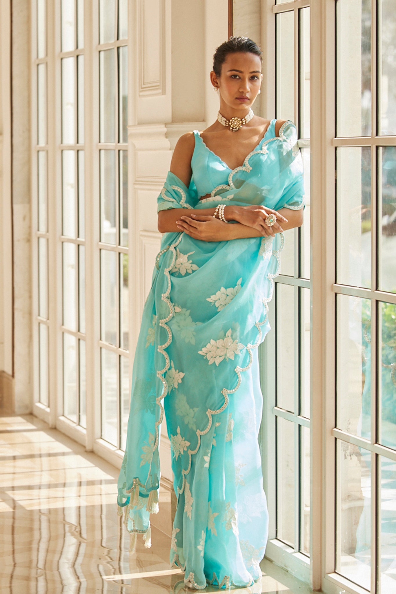 Blue Flower Saree Set
