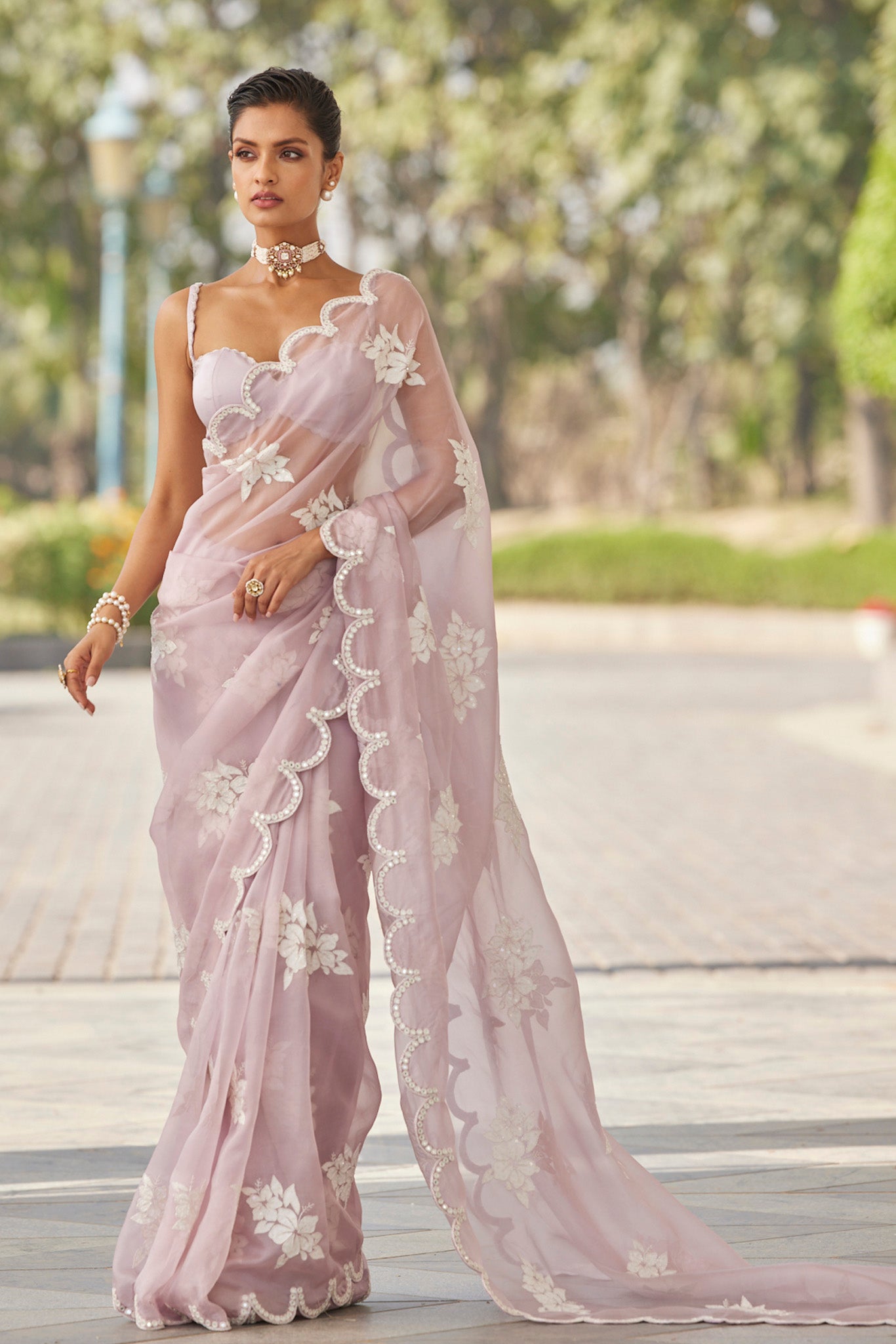 Powder Lilac Flower Saree Set