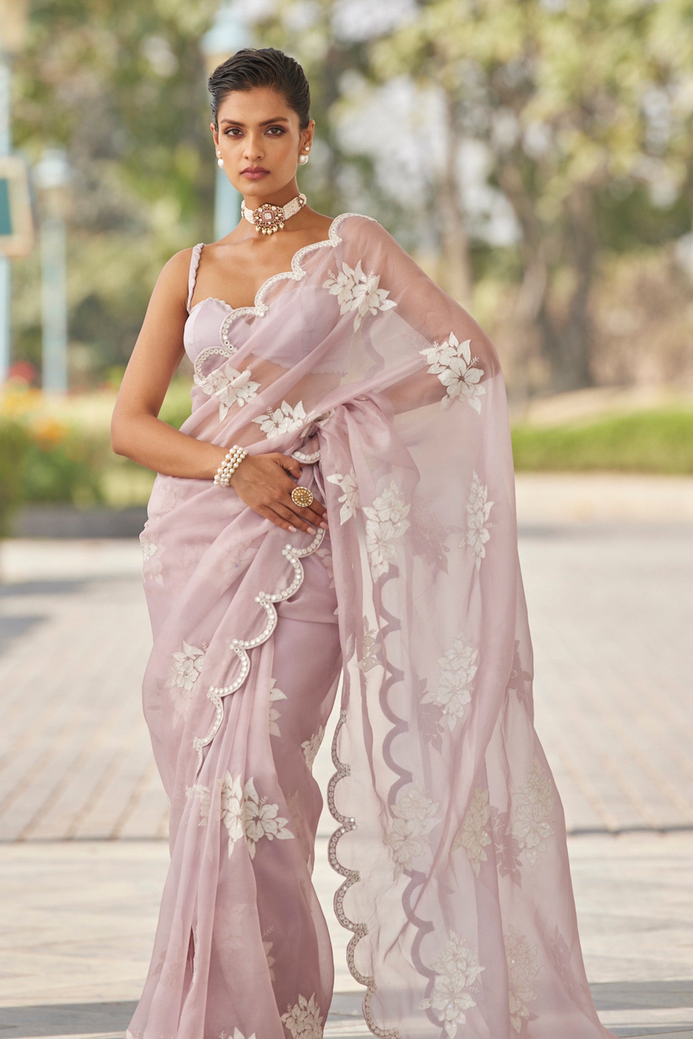 Powder Lilac Flower Saree Set