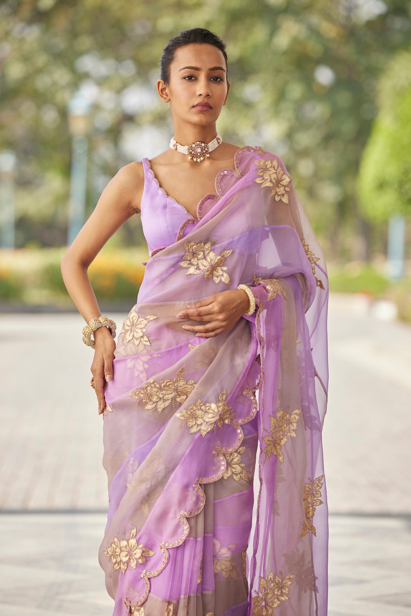 Mauve Multicolor Flower Saree Set