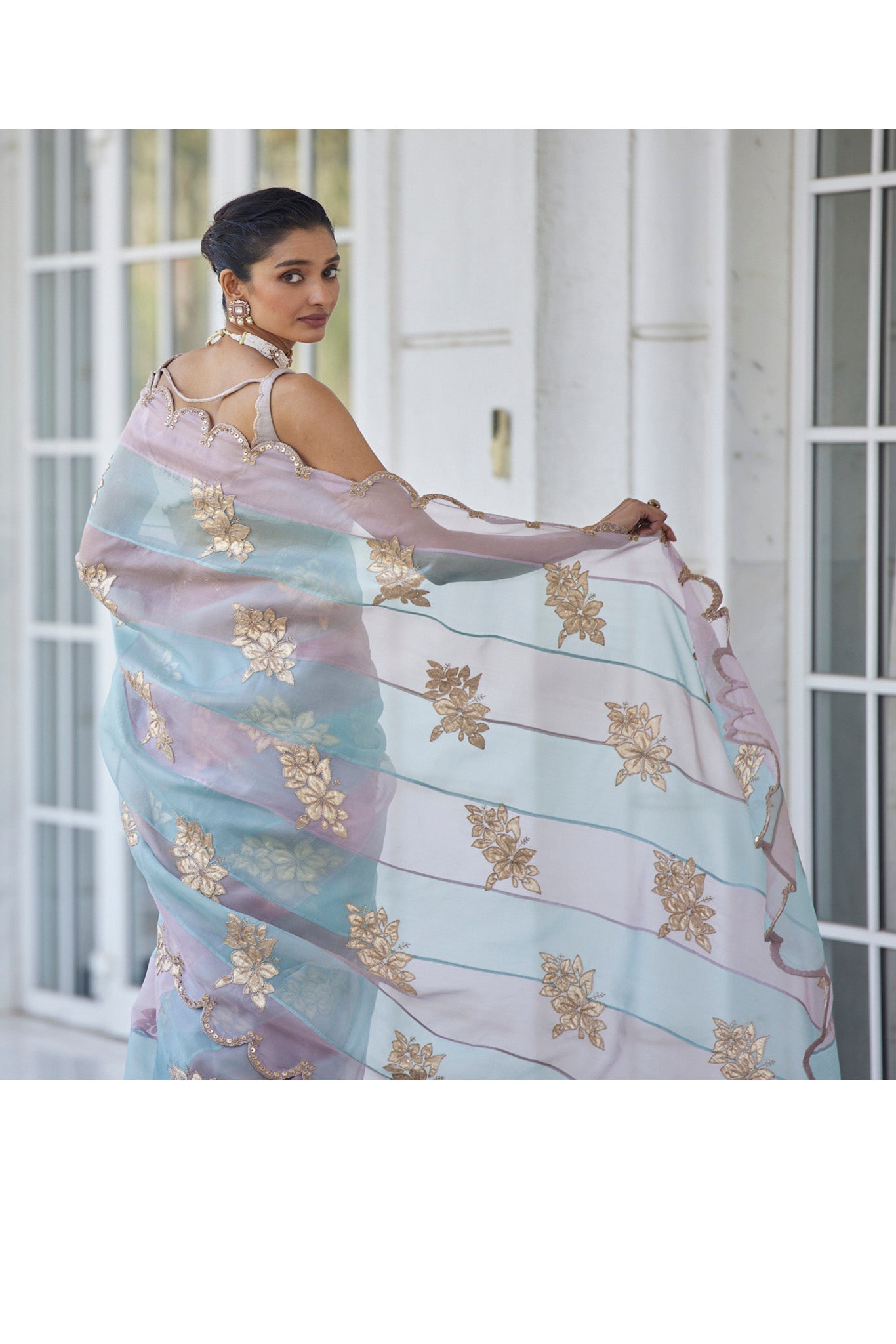 Ash Pink Flower Saree Set