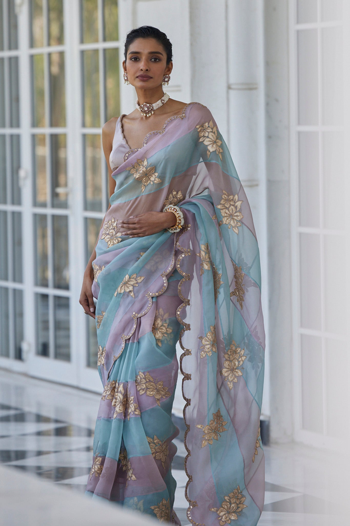 Ash Pink Flower Saree Set