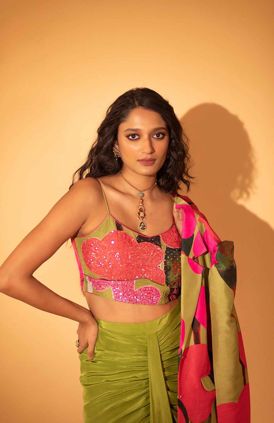 A Multi Color Embroidered Jacket Set Paired With Bustier And Drape Skirt