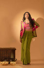 A Multi Color Embroidered Jacket Set Paired With Bustier And Drape Skirt