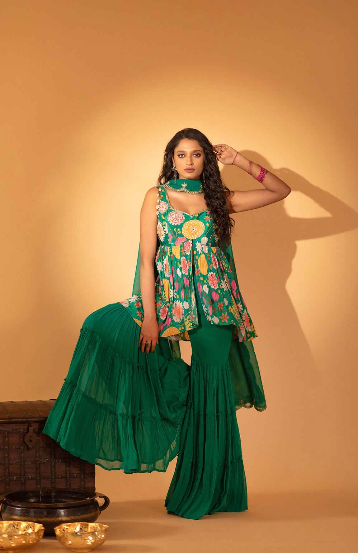 A Embroidered Sharara Set With Peplum And Duptta