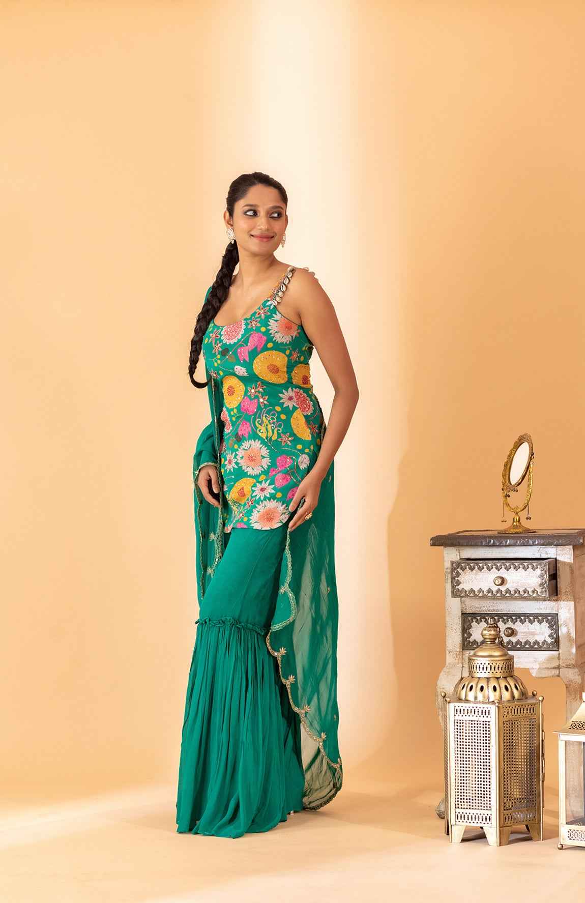 A Embroidered Sharara Set With Kurti And Duptta