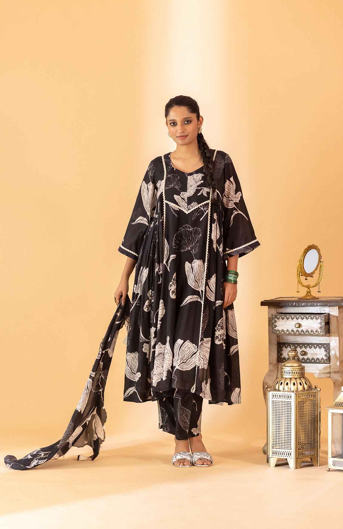 A Kurta Set Paired With Straight Pants And A Scarf