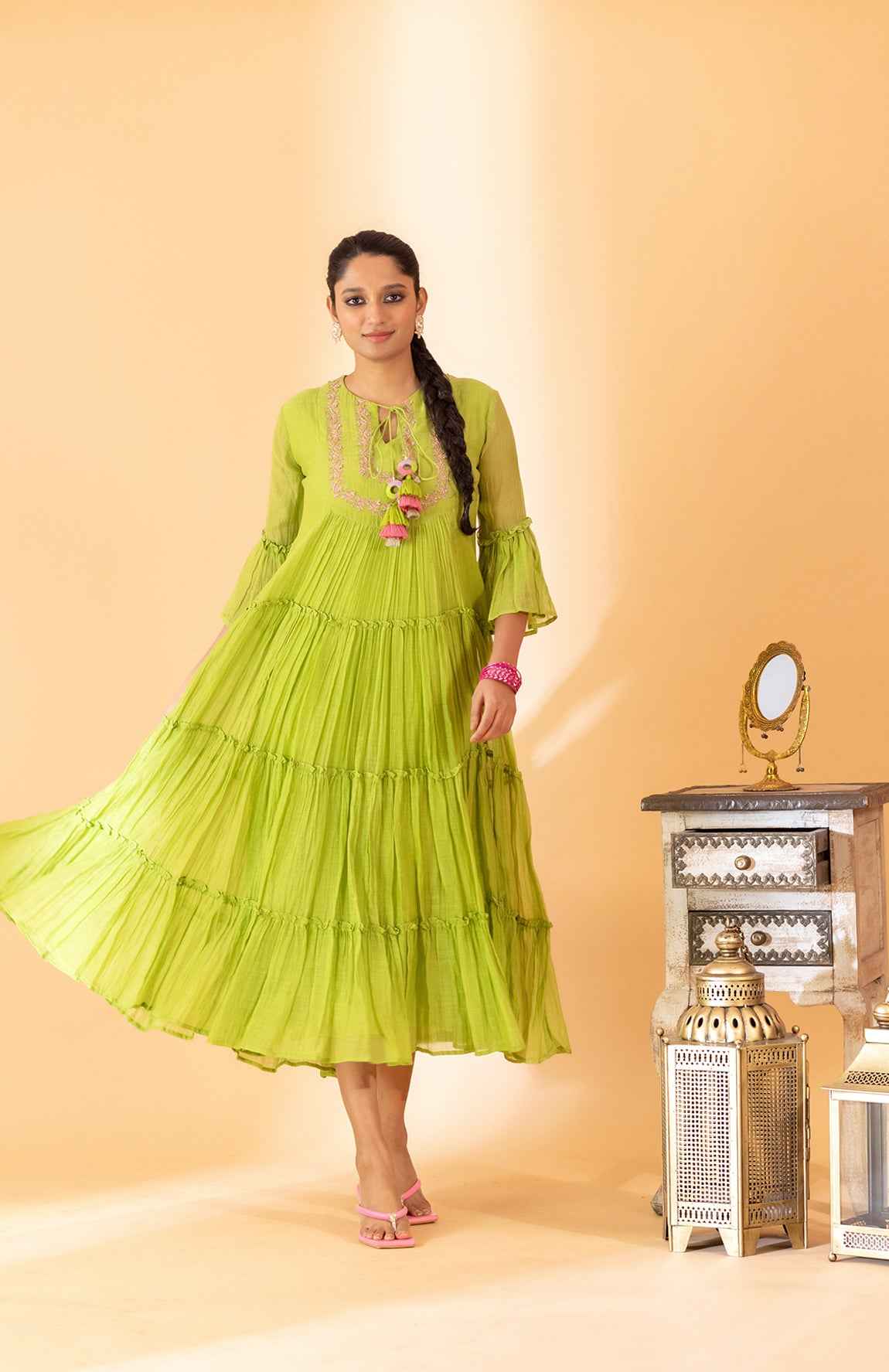 A Lime Green Hand Embroidered One Piece Dress