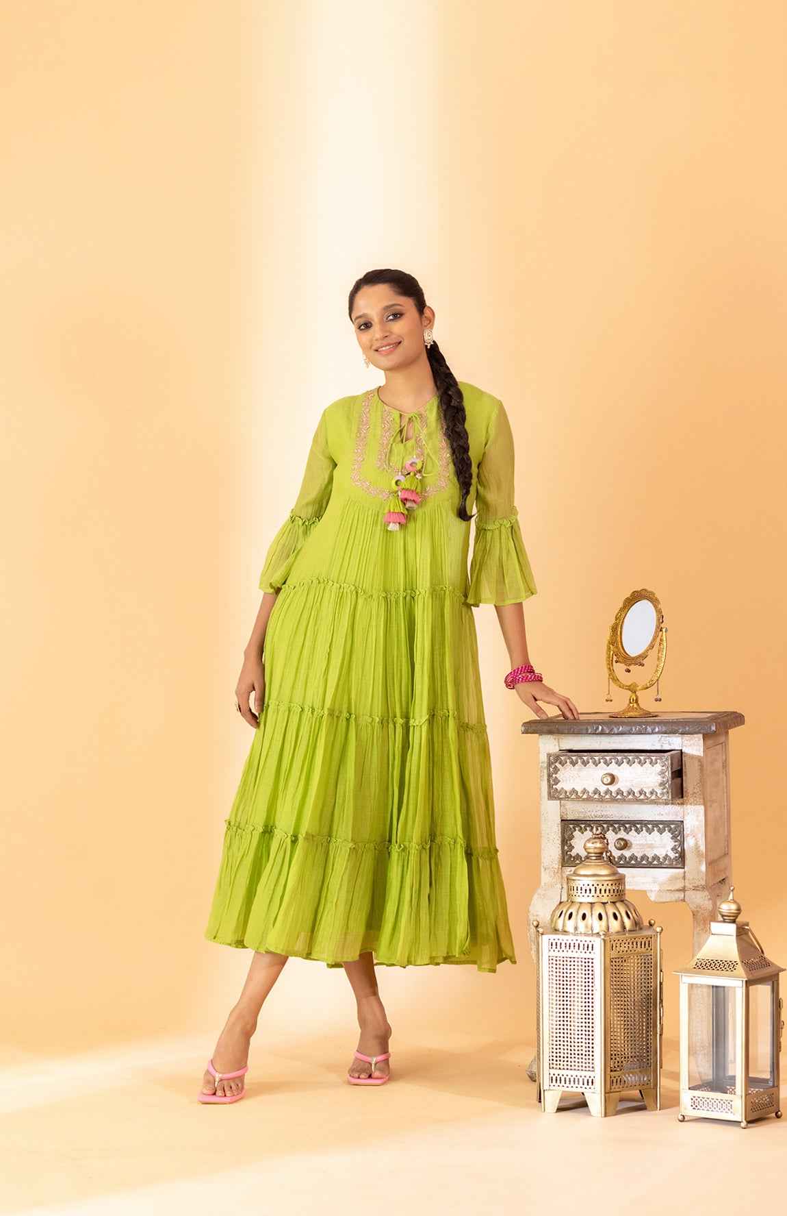 A Lime Green Hand Embroidered One Piece Dress