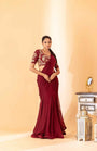 A Maroon Fish Cut Style Saree With Embroidered Blouse