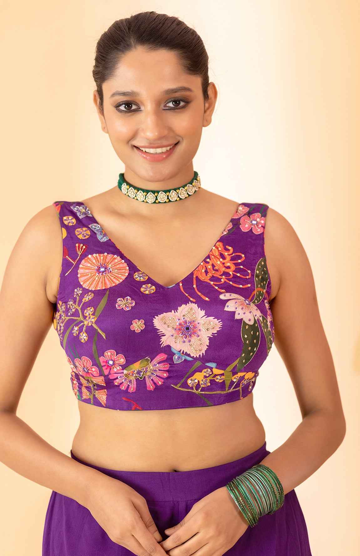 A Floral Printed Jacket Set Paired With Bustier And Plazzo Pants