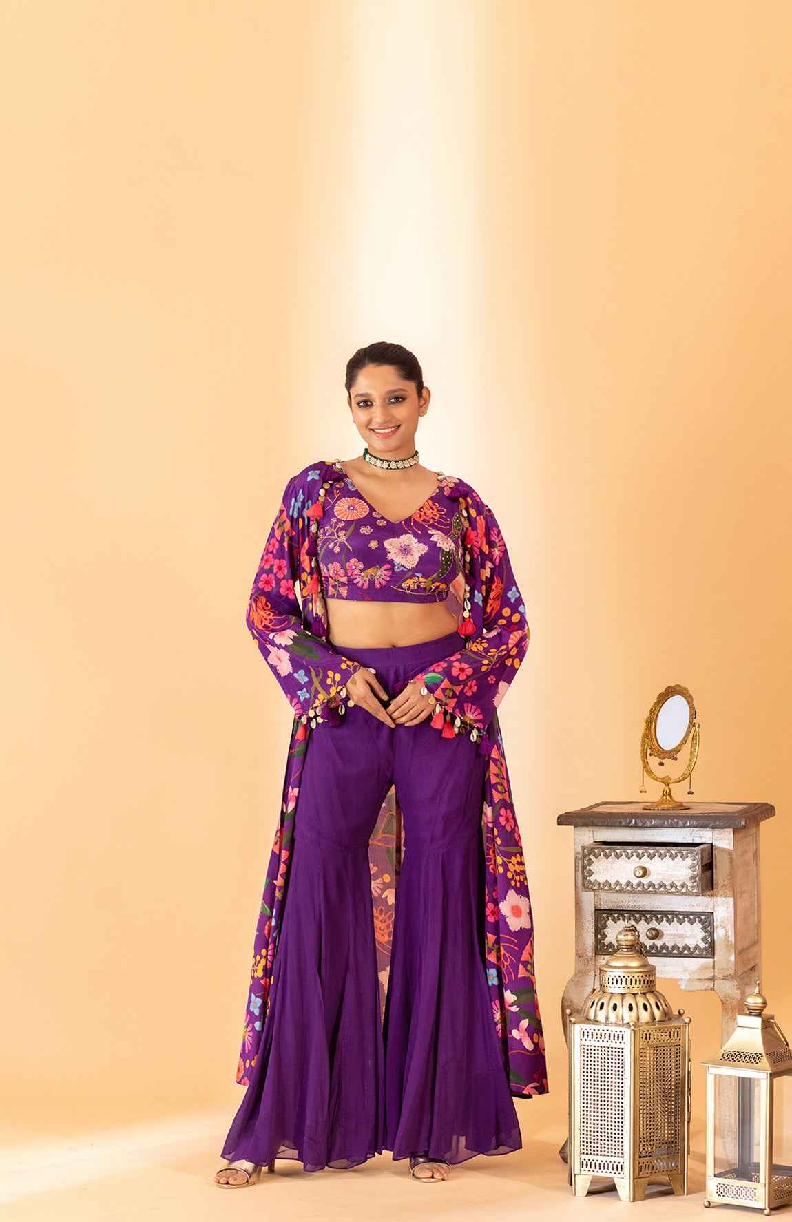 A Floral Printed Jacket Set Paired With Bustier And Plazzo Pants