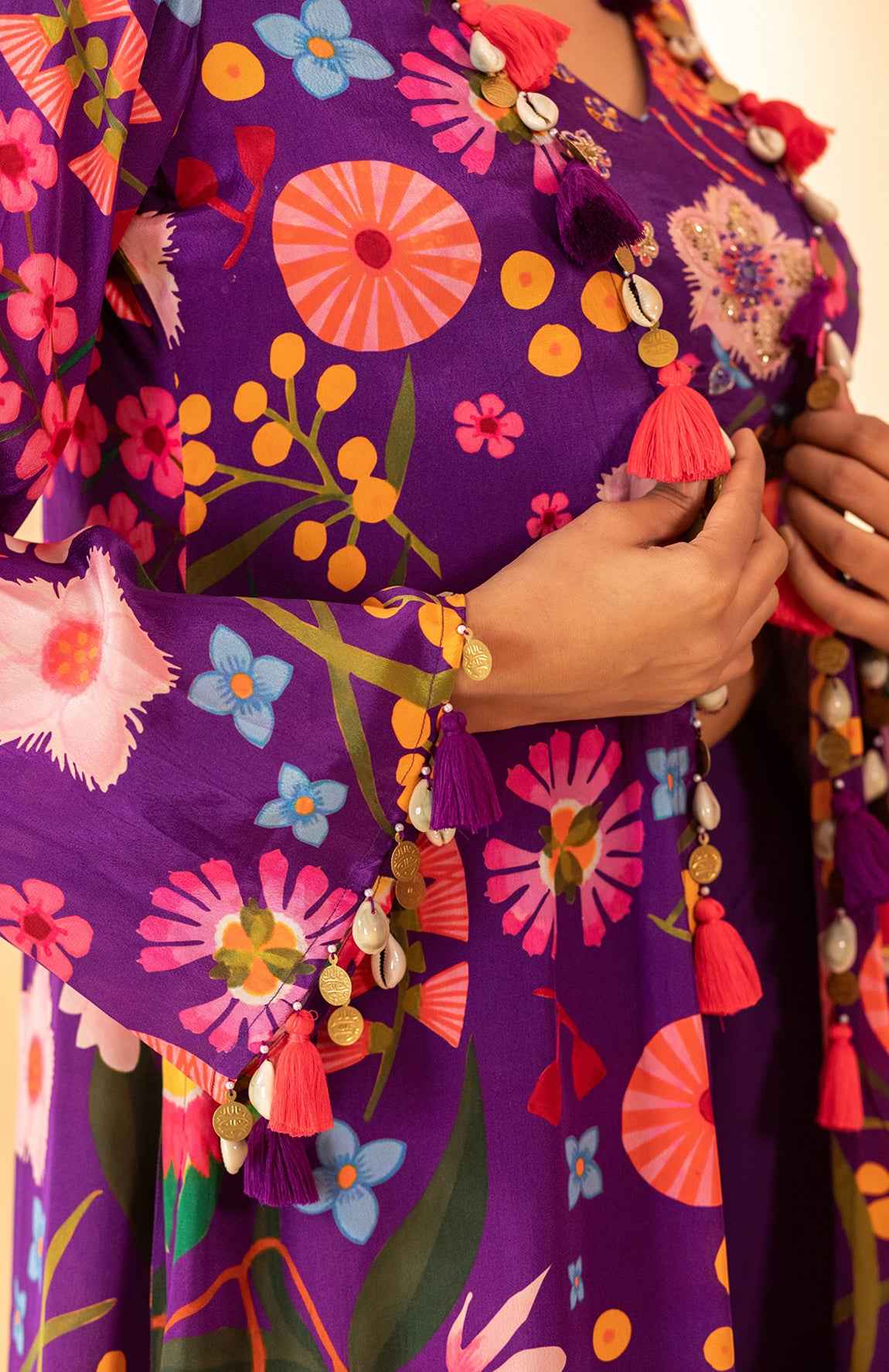 A Floral Printed Jacket Set Paired With Bustier And Plazzo Pants