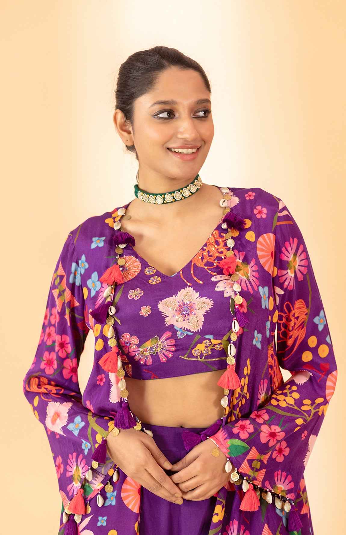 A Floral Printed Jacket Set Paired With Bustier And Plazzo Pants