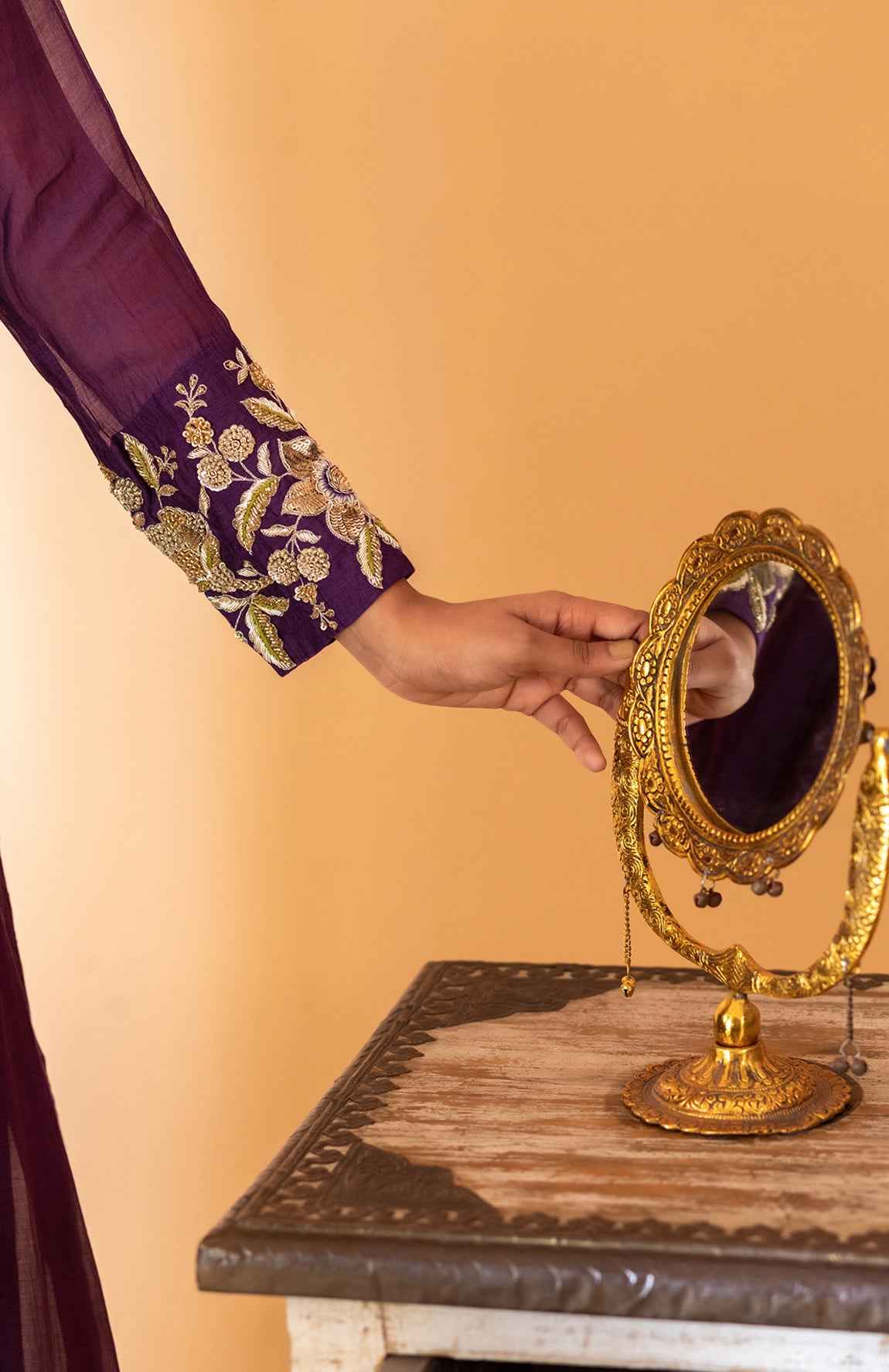 A Purple Hand Embroidered Anarkali Set With Pants