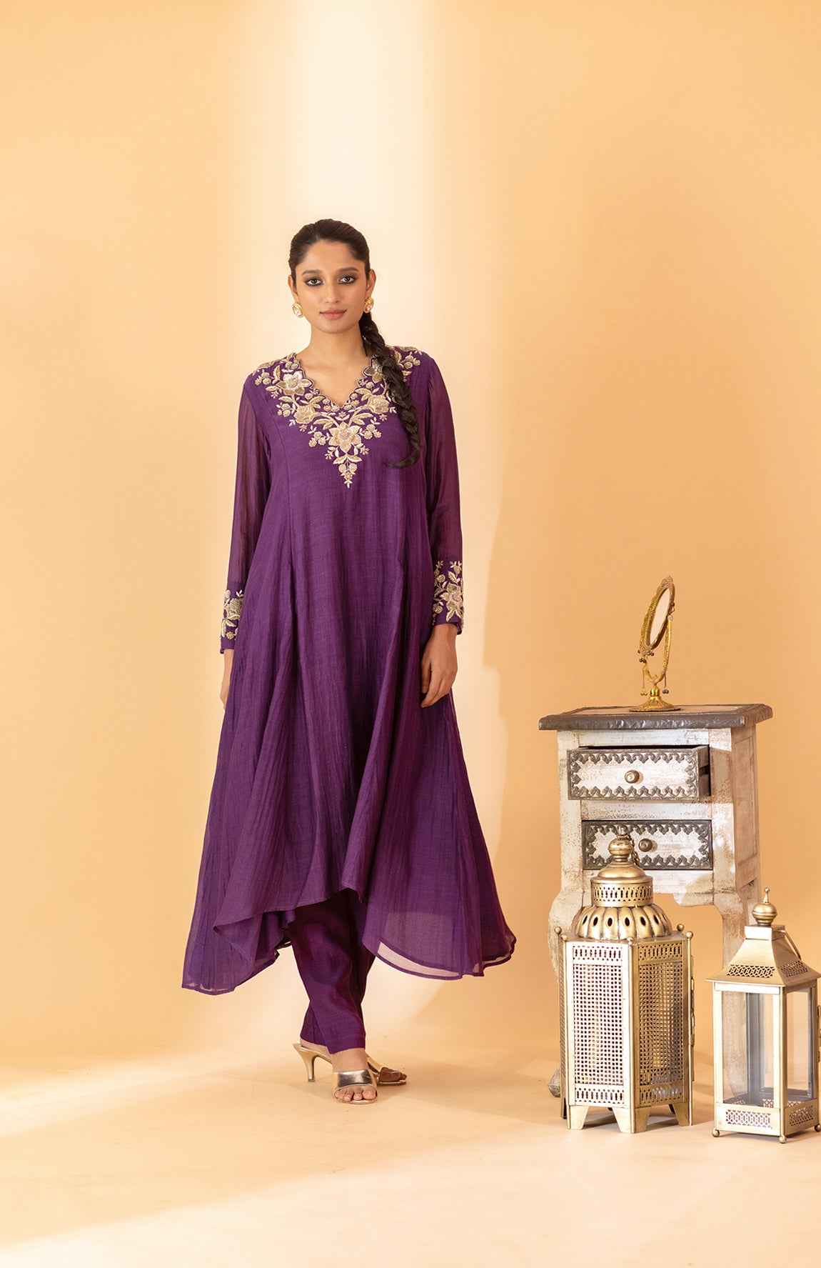 A Purple Hand Embroidered Anarkali Set With Pants