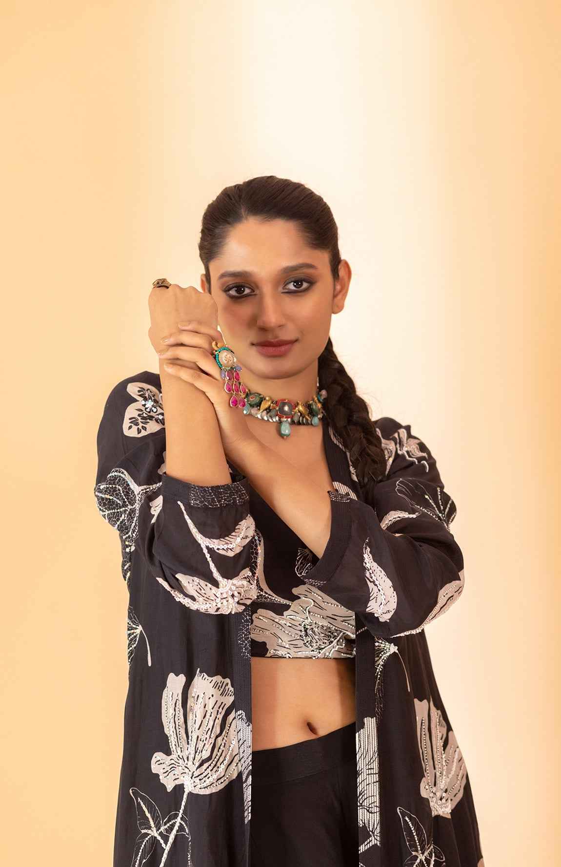 A Floral Printed Jacket Set Paired With Bustier And Pants