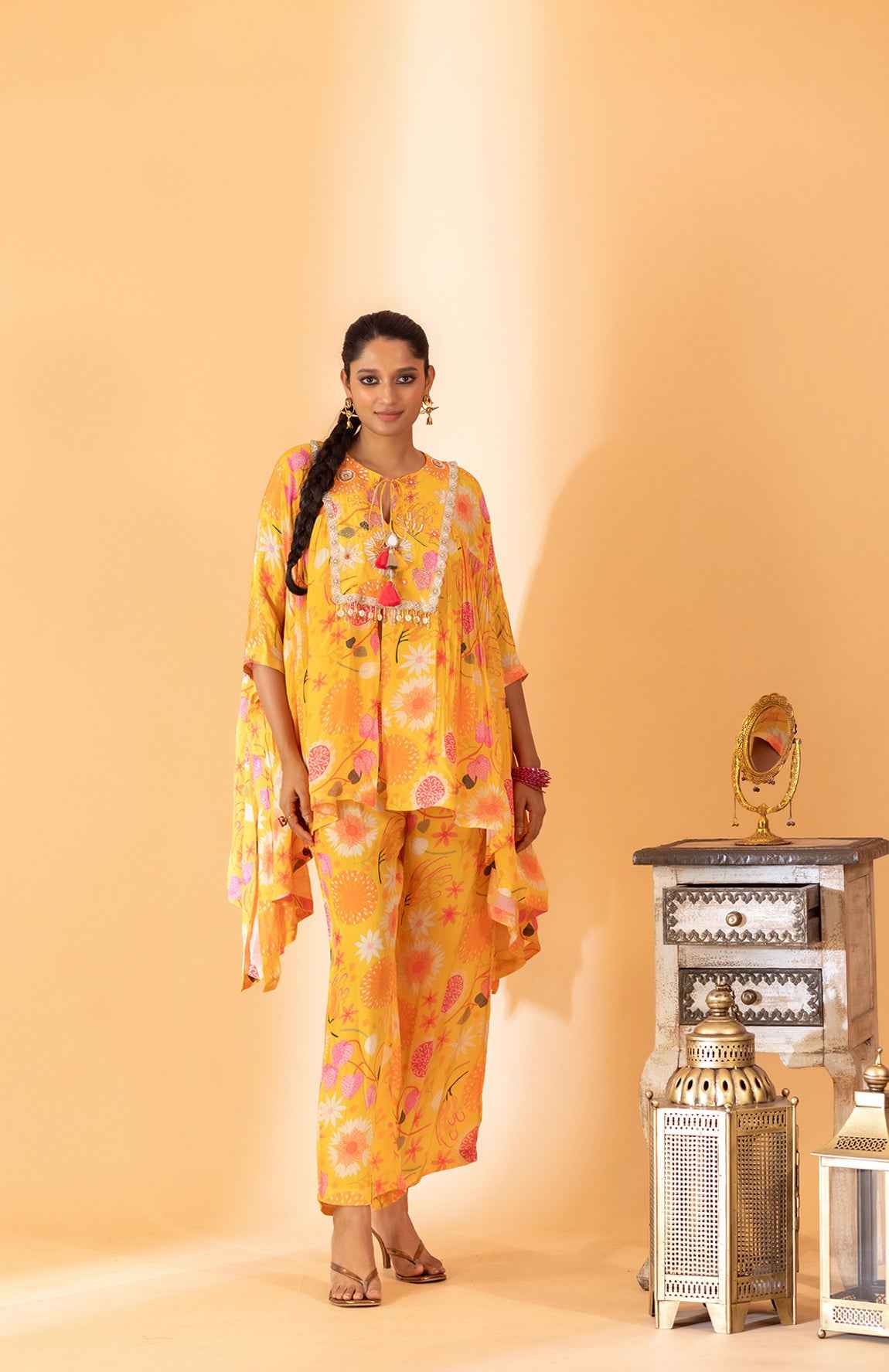 A Yellow Hand Embroidered Printed Co-Ord Set