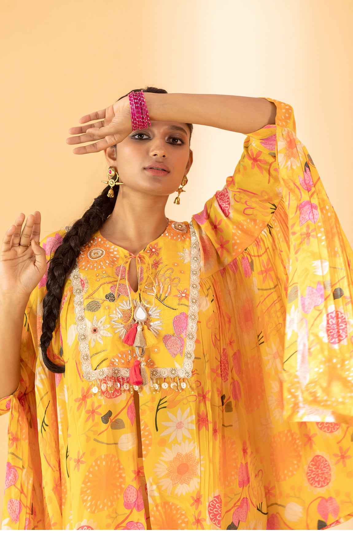 A Yellow Hand Embroidered Printed Co-Ord Set