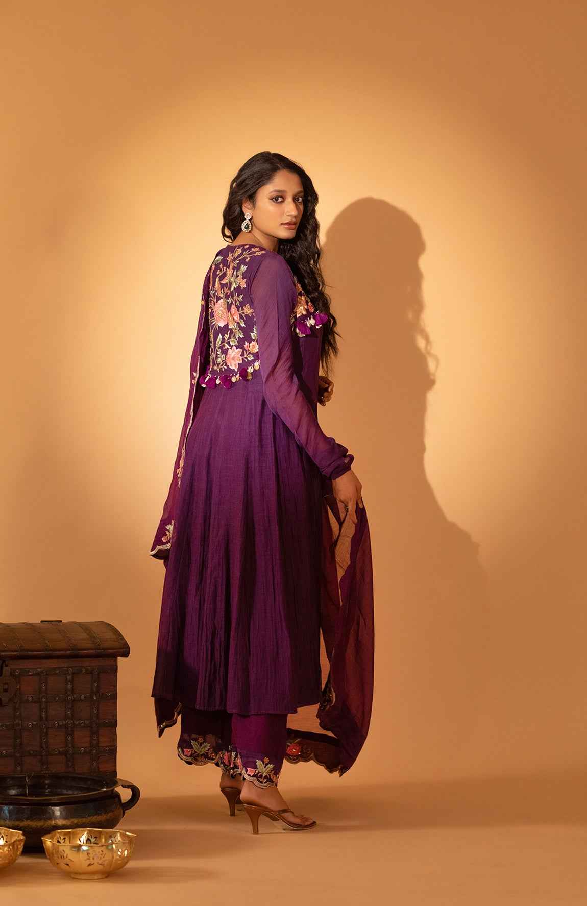 A Purple Hand Embroidered Anarkali Set With Pants And Duptta