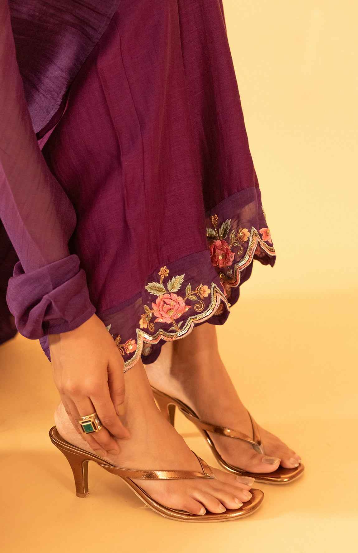 A Purple Hand Embroidered Anarkali Set With Pants And Duptta