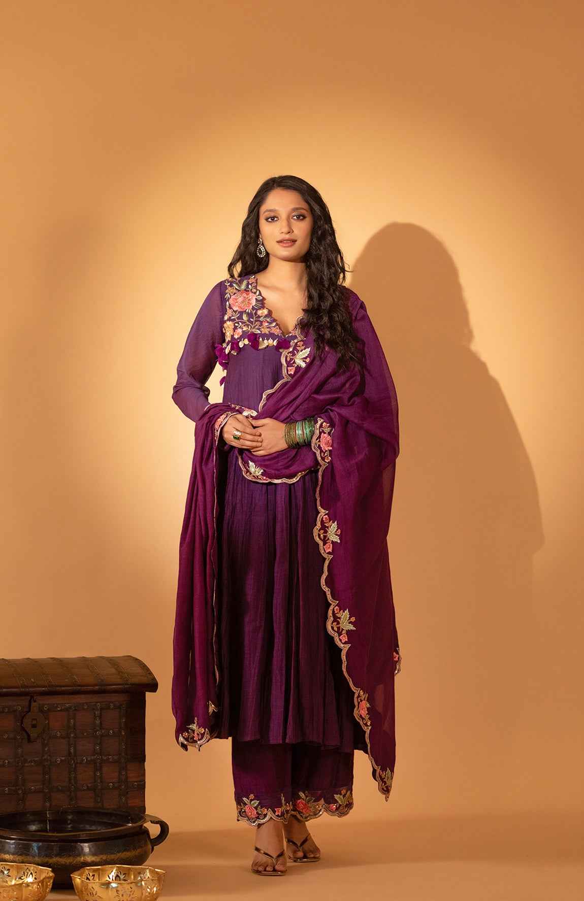 A Purple Hand Embroidered Anarkali Set With Pants And Duptta