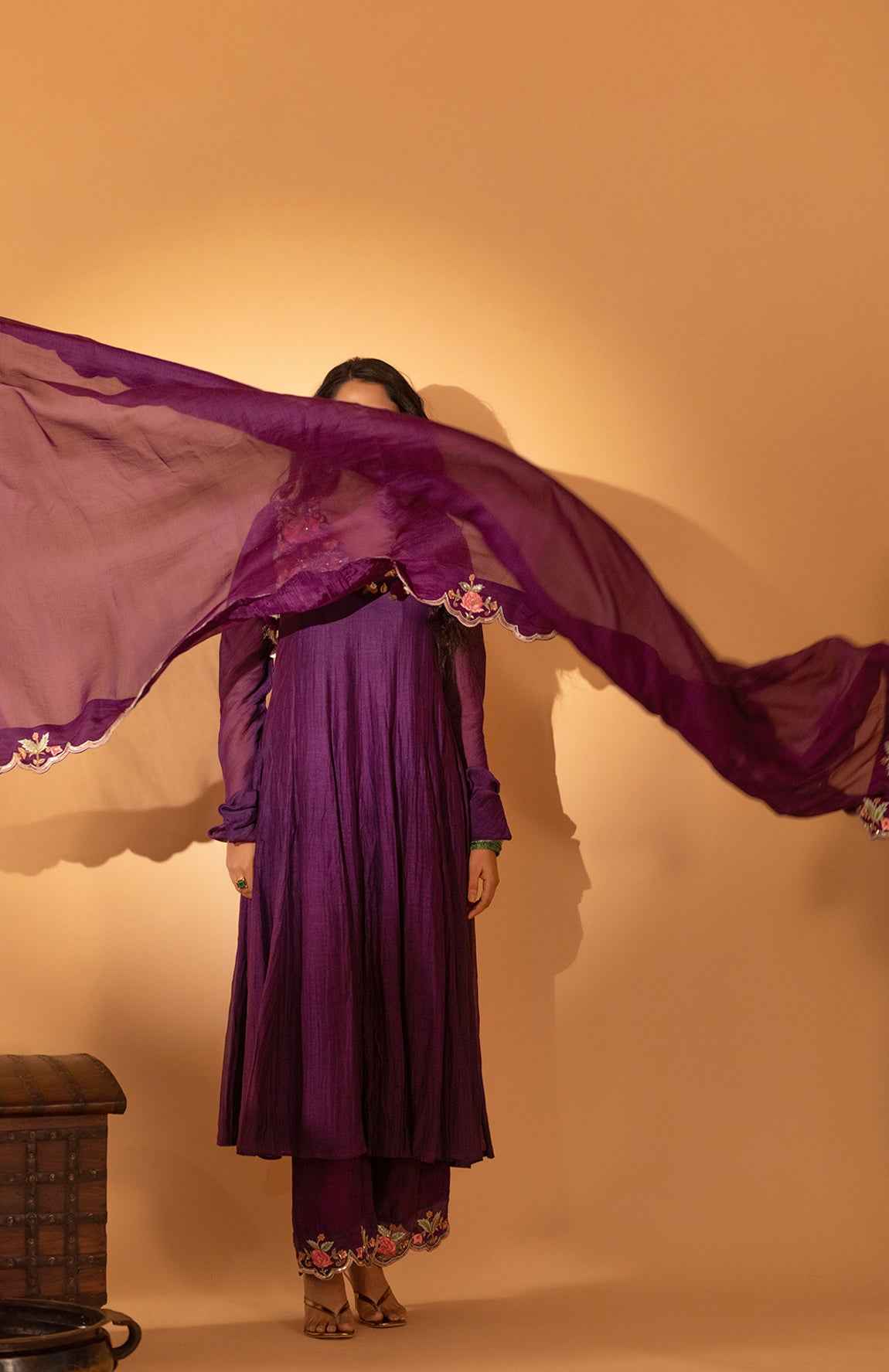 A Purple Hand Embroidered Anarkali Set With Pants And Duptta