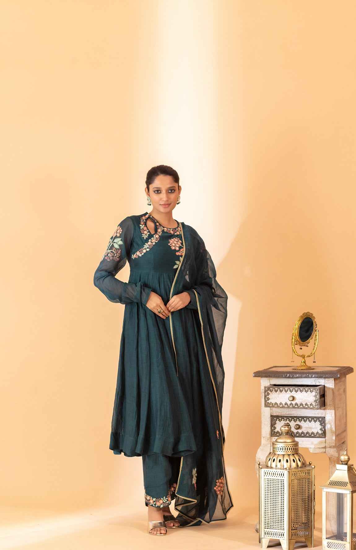 A Teal Green Hand Embroidered Anarkali Set With Pants And Duptta