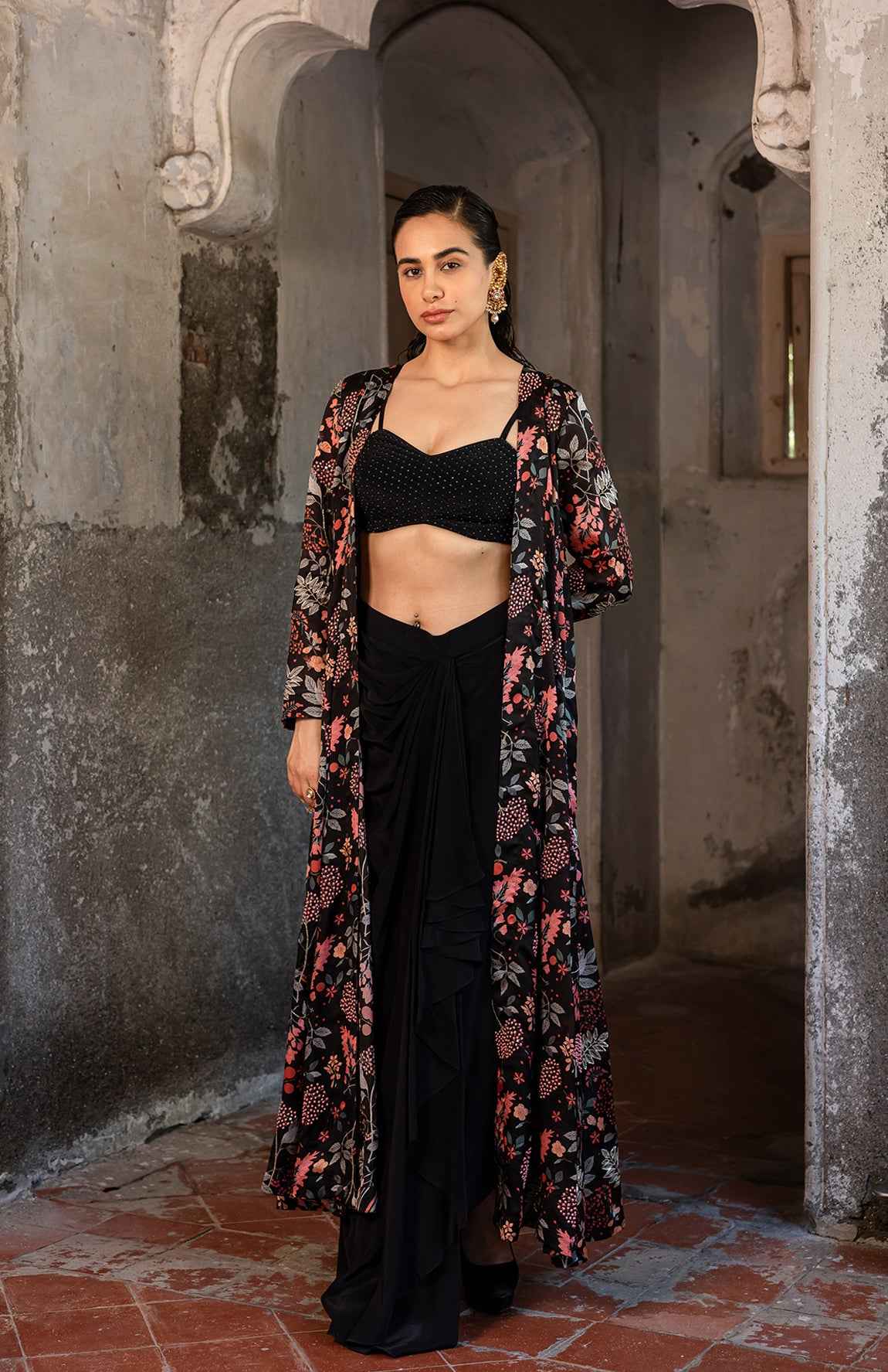 Black Printed Jacket With Drape Skirt And Bustier