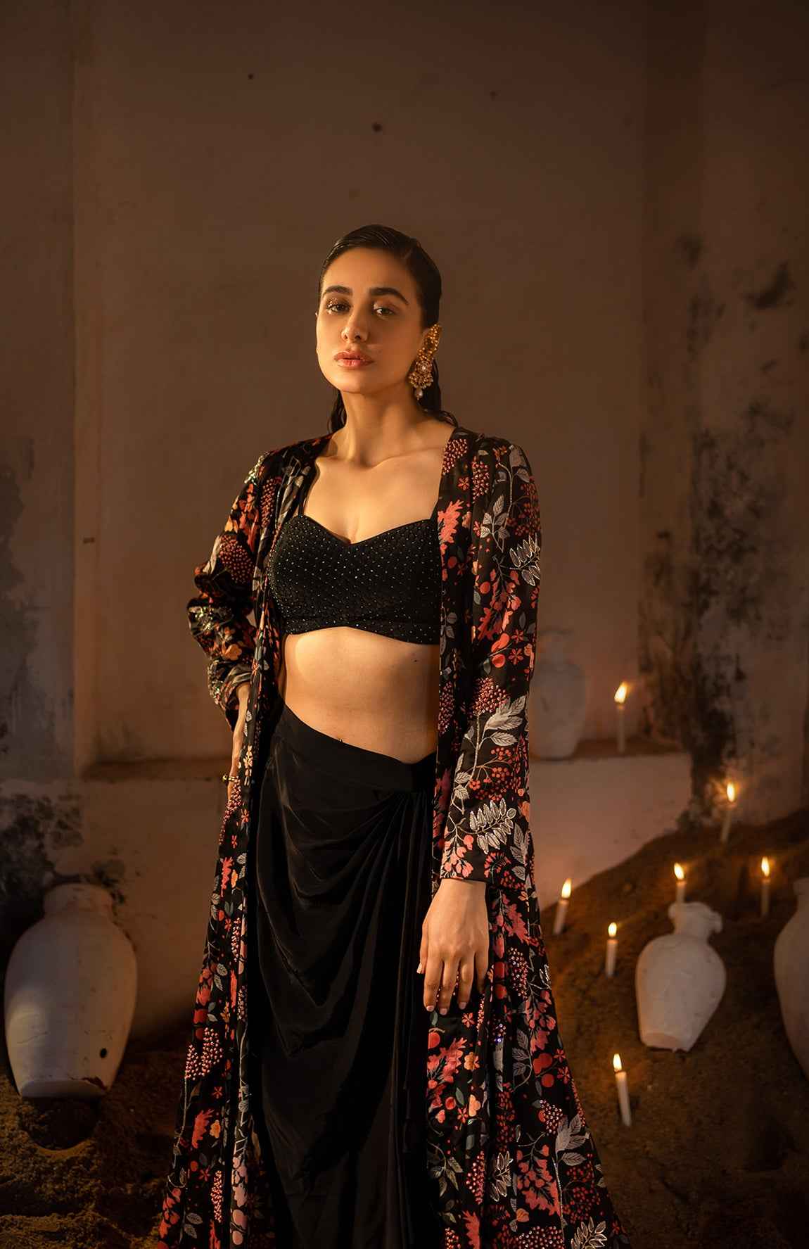 Black Printed Jacket With Drape Skirt And Bustier