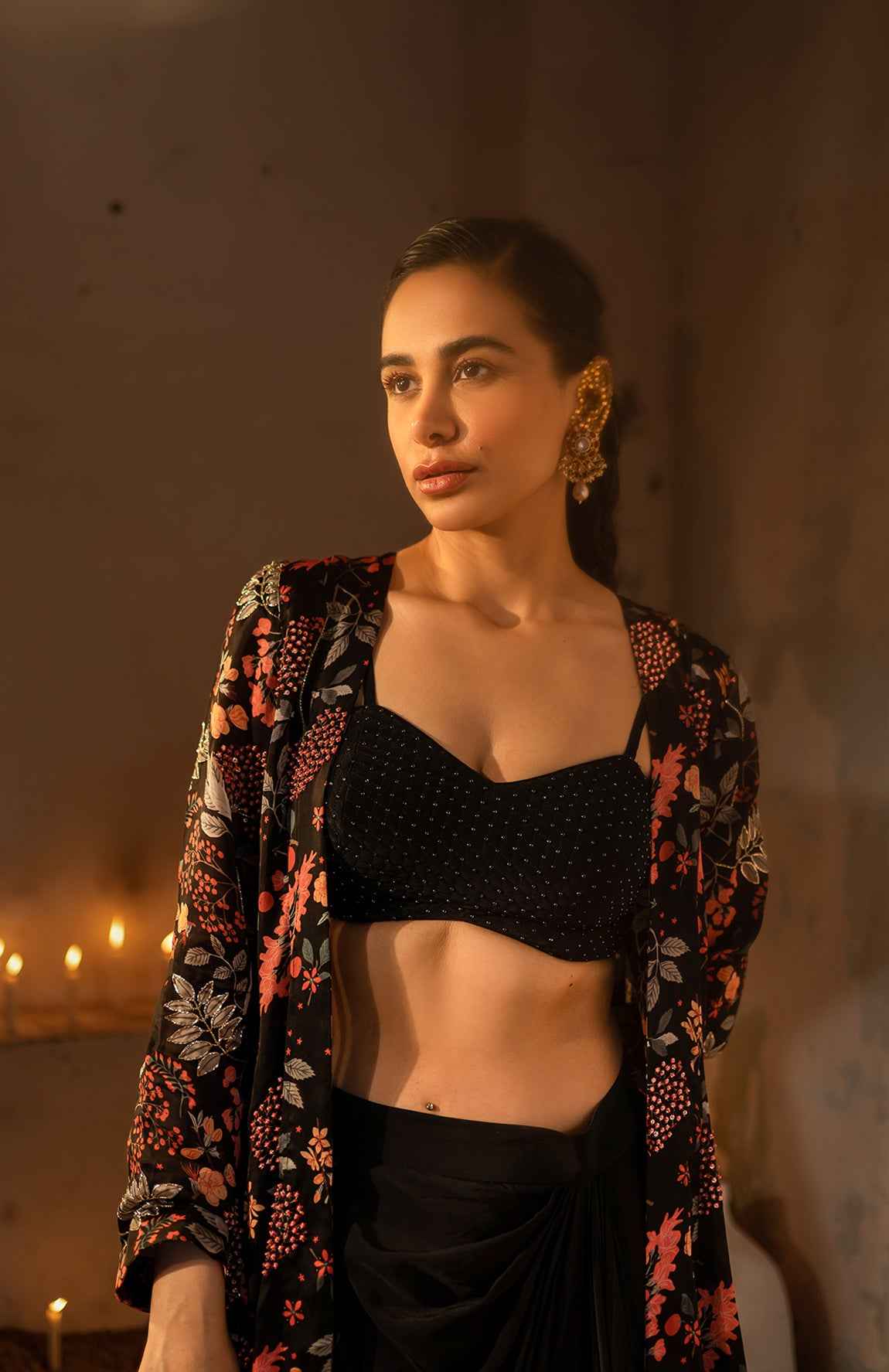 Black Printed Jacket With Drape Skirt And Bustier