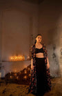 Black Printed Jacket With Drape Skirt And Bustier